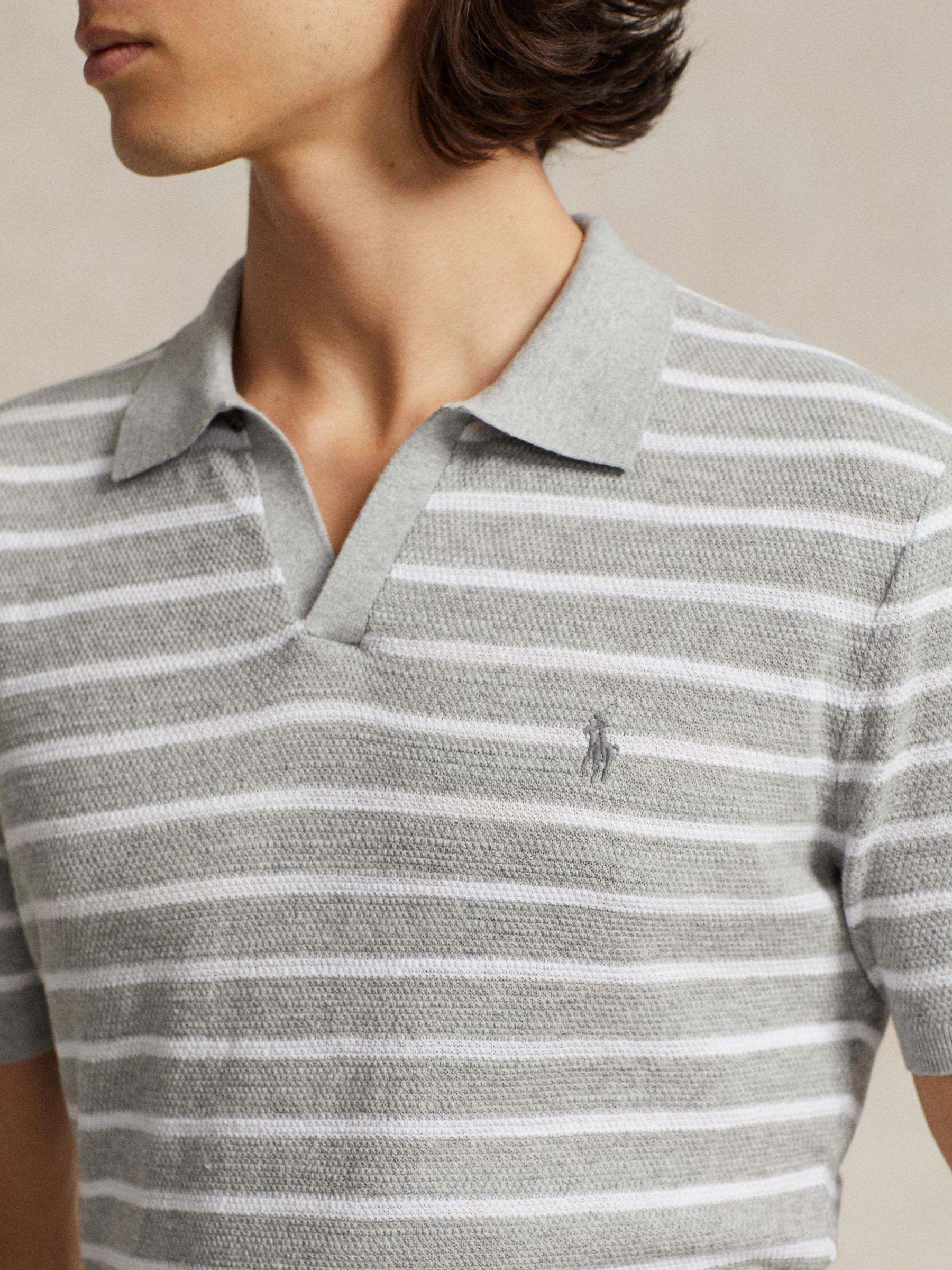 Ralph Lauren Striped Linen Blend Polo Shirt, Grey, S