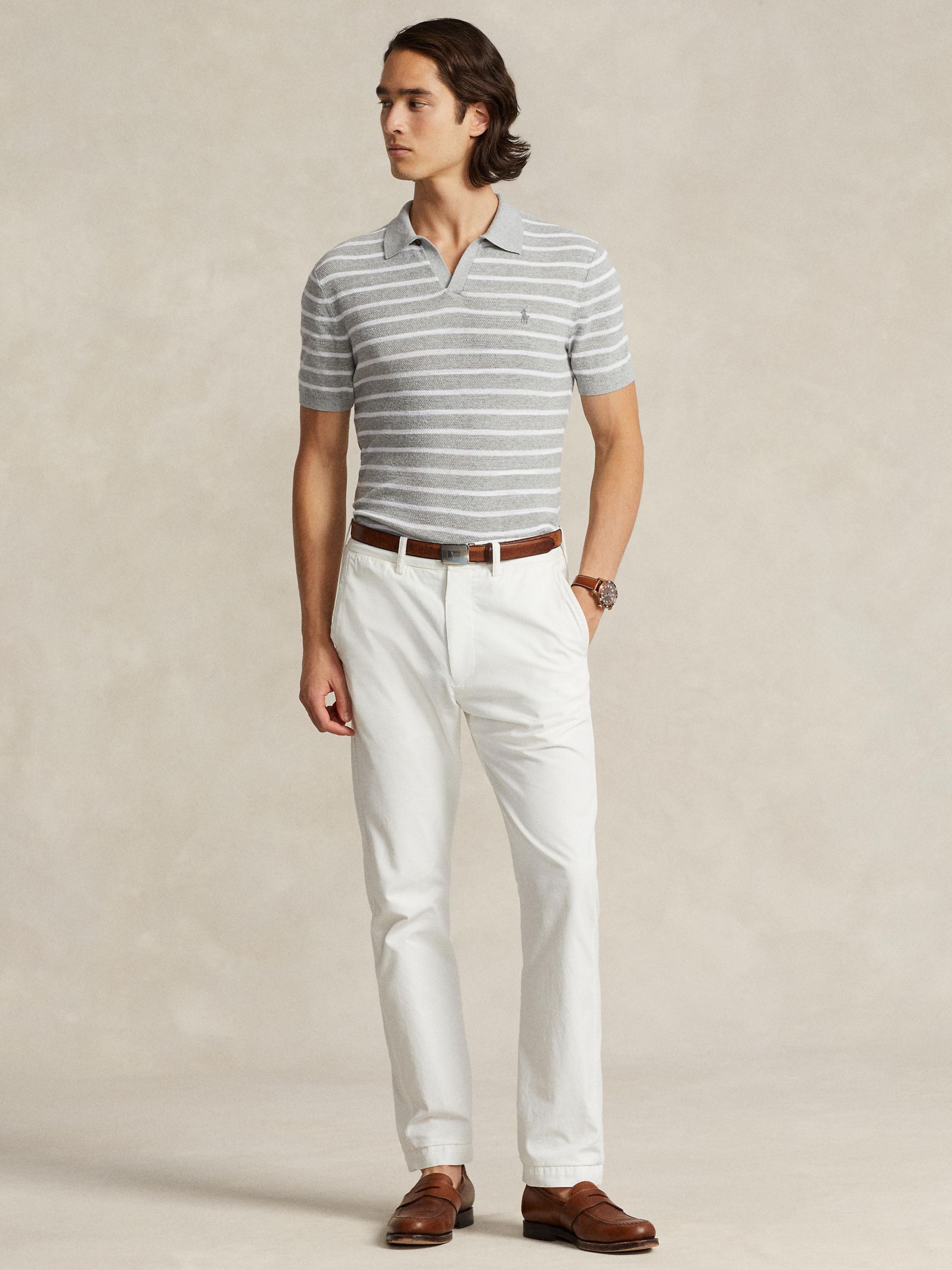 Ralph Lauren Striped Linen Blend Polo Shirt, Grey, S