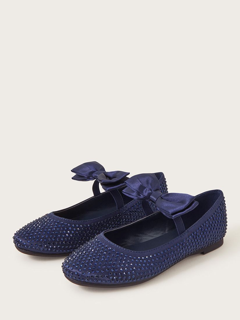 Monsoon Kids' Embellished Sling Satin Bow Ballerina Shoes, Navy, 4