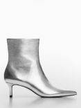 Mango Dadly Kitten Heel Leather Ankle Boots, Silver