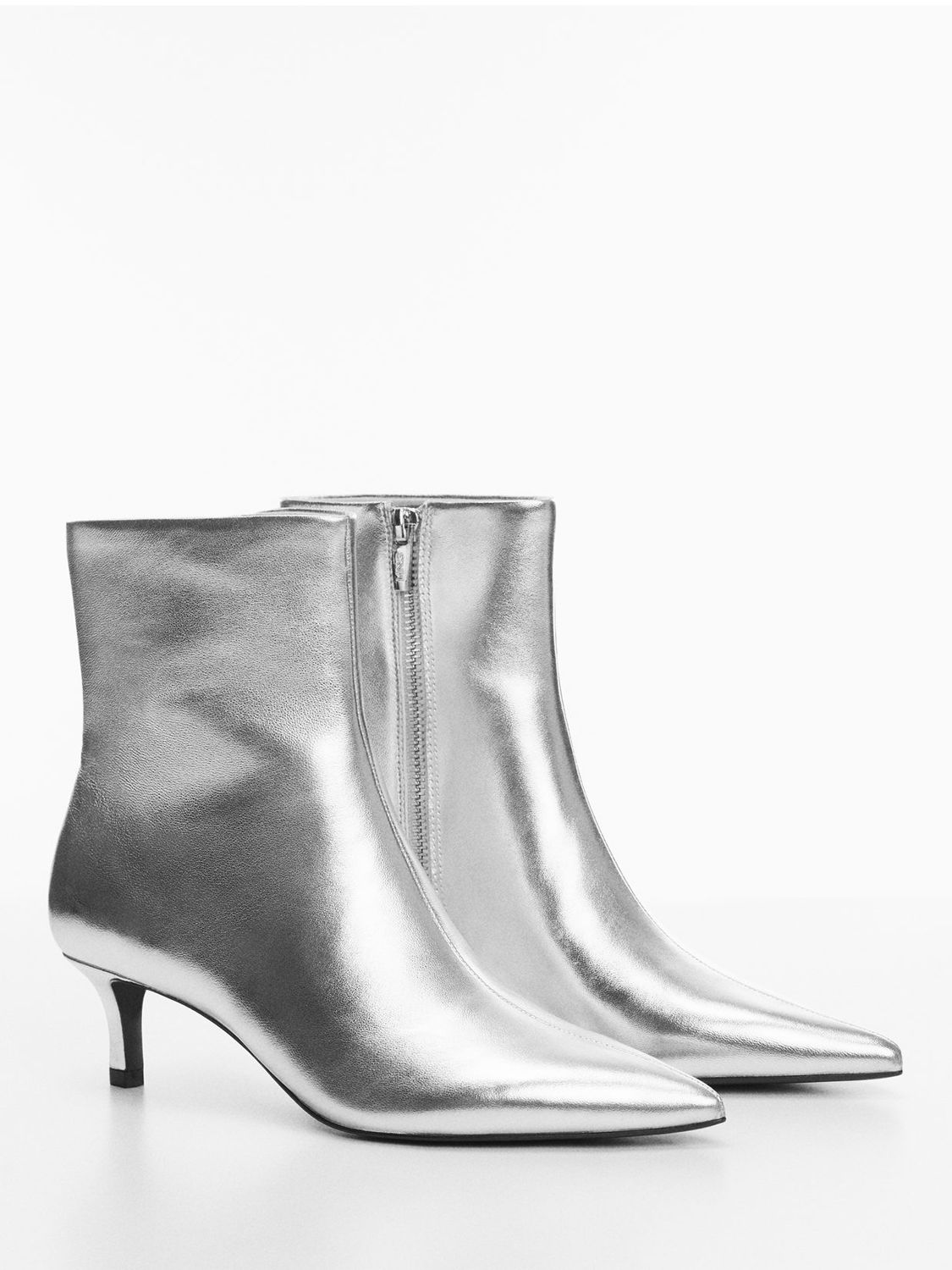 Mango Dadly Kitten Heel Leather Ankle Boots, Silver