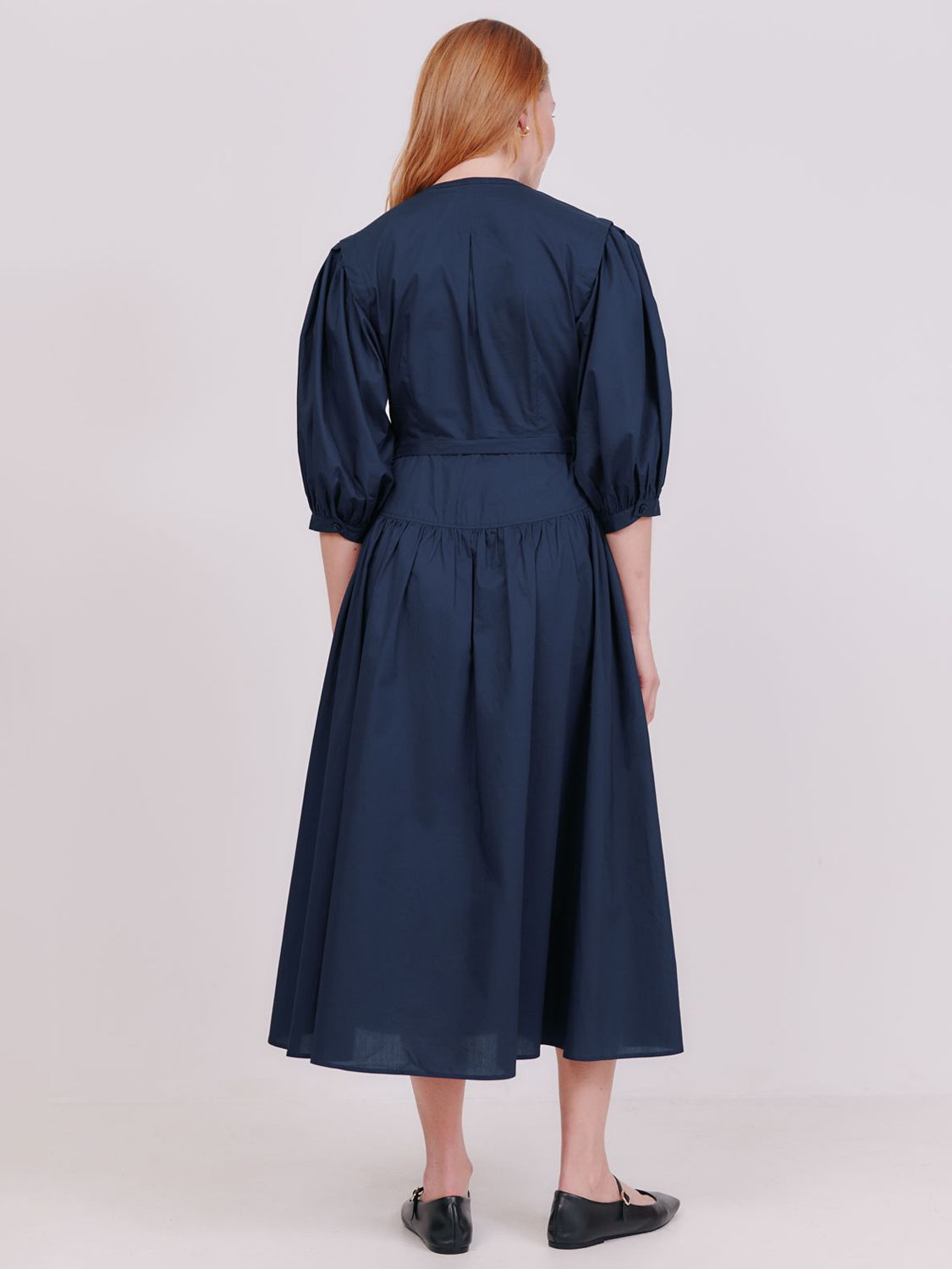 Vivere By Savannah Miller Florence Puff Sleeve Cotton Midi Dress, Navy, 8
