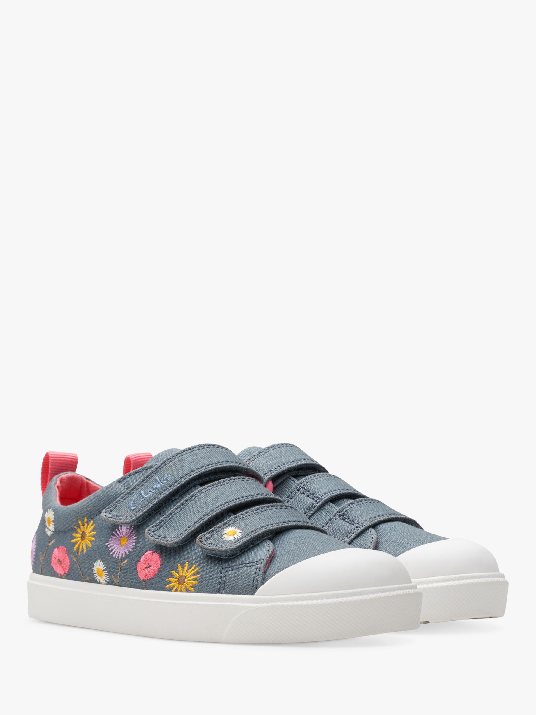 Clarks Kids' City Vibe K Canvas Floral Embroidered Trainers, Blue, 9.5G Jnr