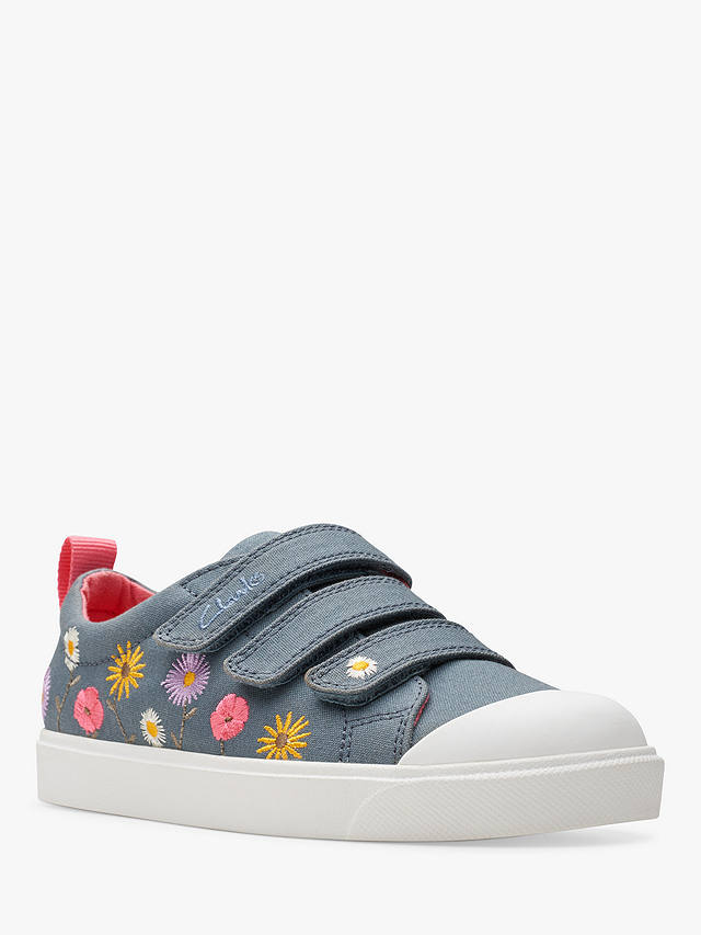 Clarks Kids' City Vibe K Canvas Floral Embroidered Trainers, Blue