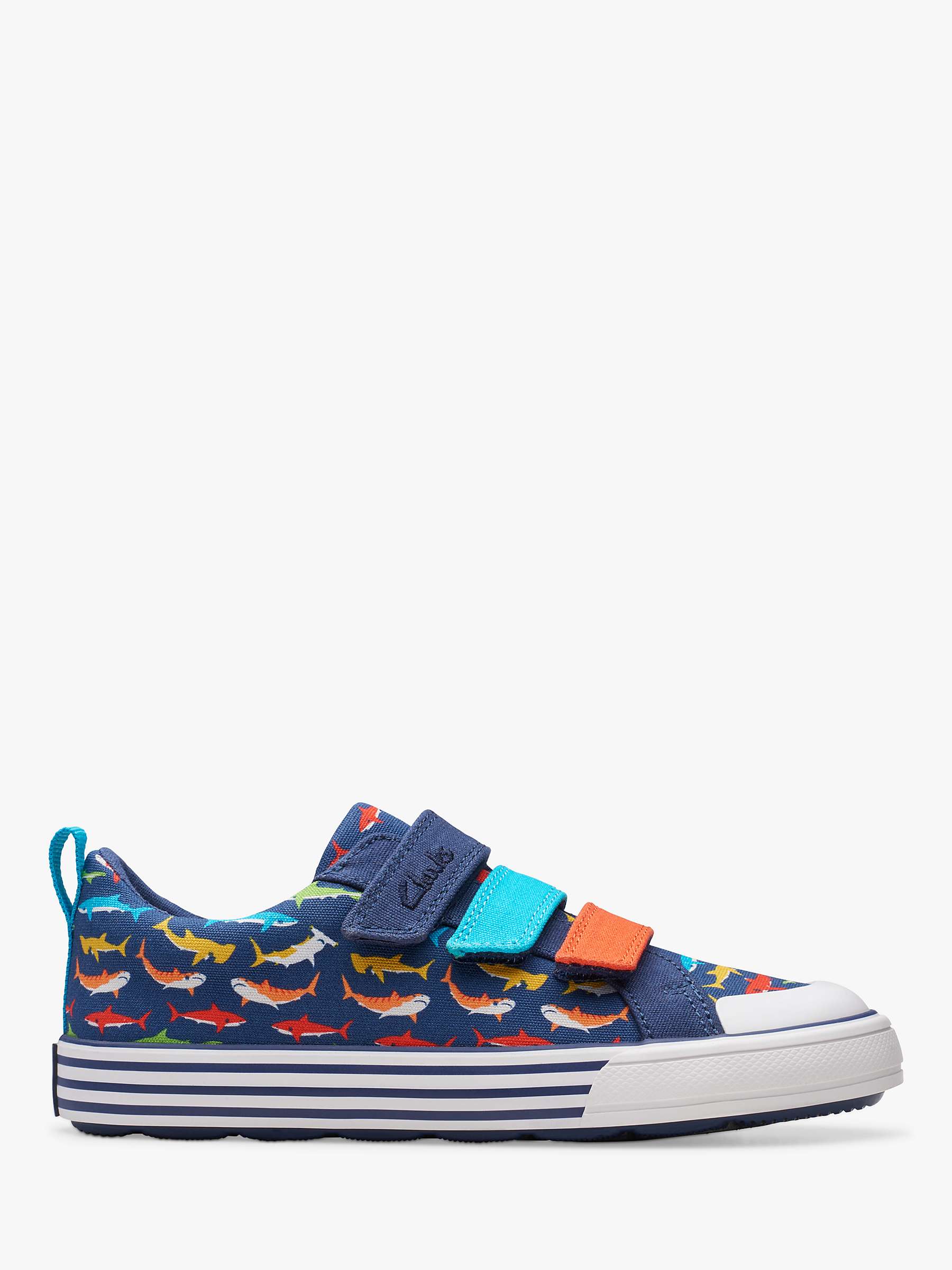 Buy Clarks Kids' Clarks x Frugi Foxing Split K Shark Print Canvas Trainers, Navy/Multi Online at johnlewis.com