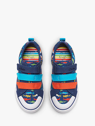 Clarks Kids' Clarks x Frugi Foxing Split K Shark Print Canvas Trainers, Navy/Multi