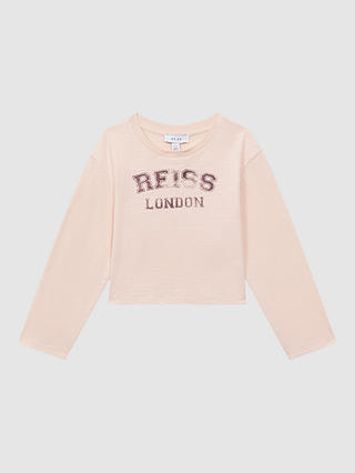 Reiss Kids' Alanna Logo Motif Crew Neck Crop T-Shirt, Pink