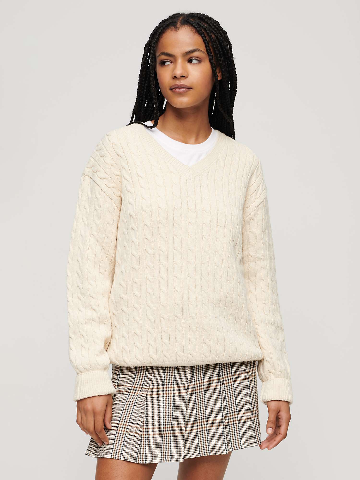 Superdry Oversized Cable Knit Jumper, Oatmeal Beige at John Lewis ...
