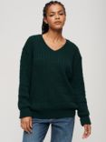 Superdry Oversized V-Neck Cable Knit Jumper, Dark Pine Green