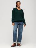 Superdry Oversized V-Neck Cable Knit Jumper, Dark Pine Green