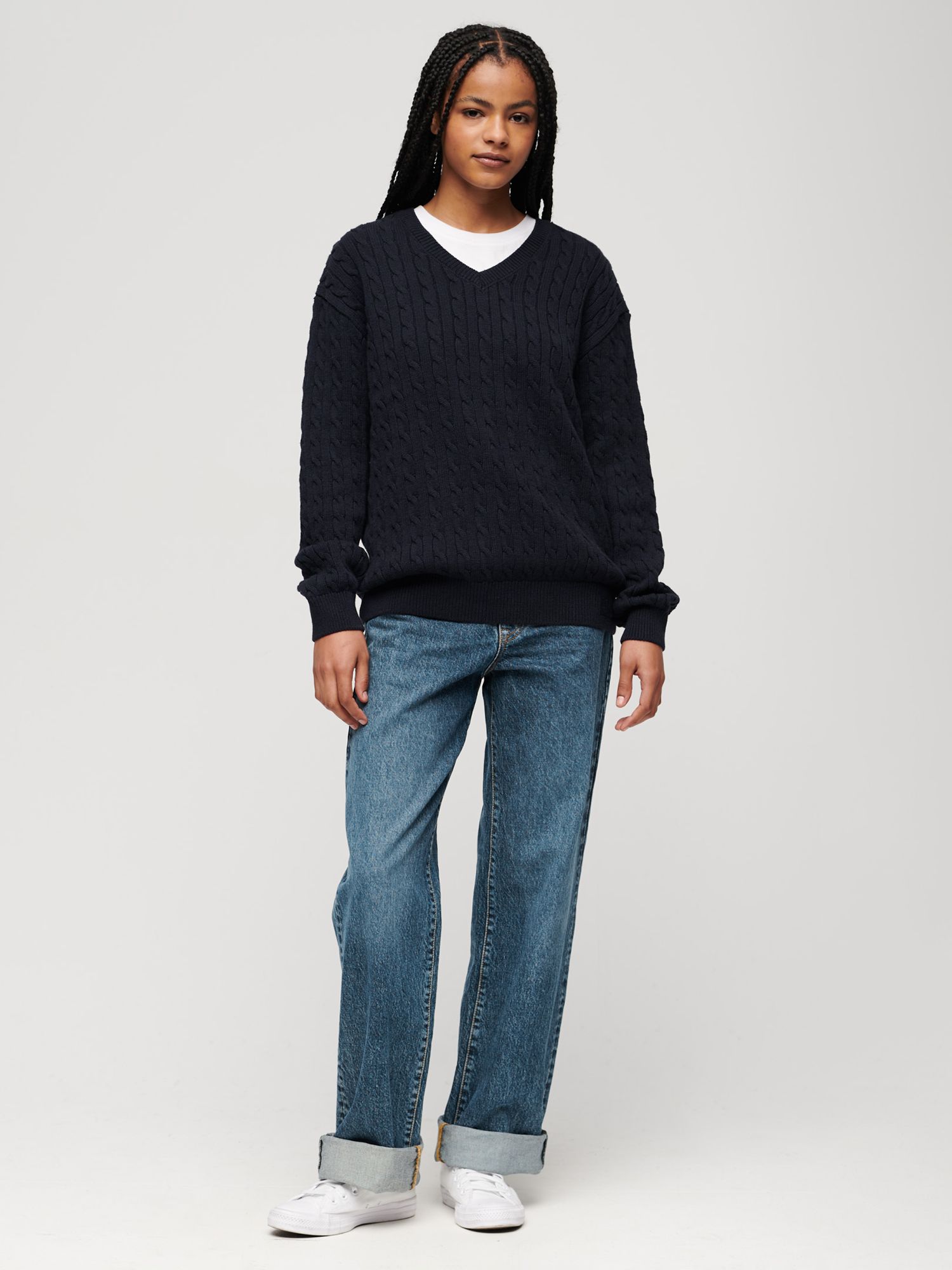 Superdry Oversized Cable Knit Jumper, Eclipse Navy at John Lewis & Partners