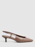 Reiss Jade Croc Effect Leather Kitten Heel Slingback Court Shoes, Taupe