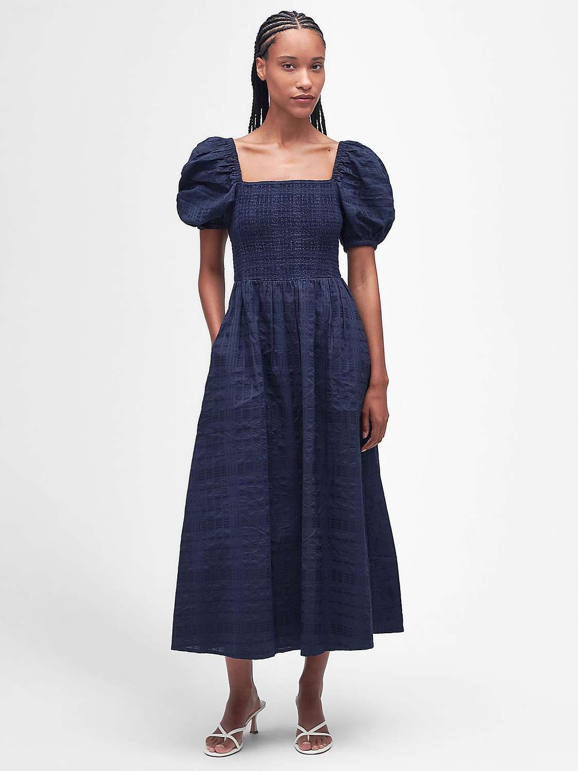 Buy Barbour Macy Shirred Bodice Midi Dress, Navy Online at johnlewis.com