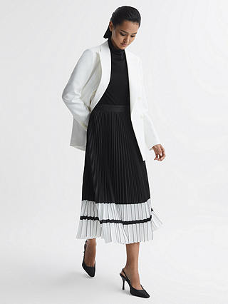 Reiss Marie Pleated Colour Block Midi Skirt, Black/White