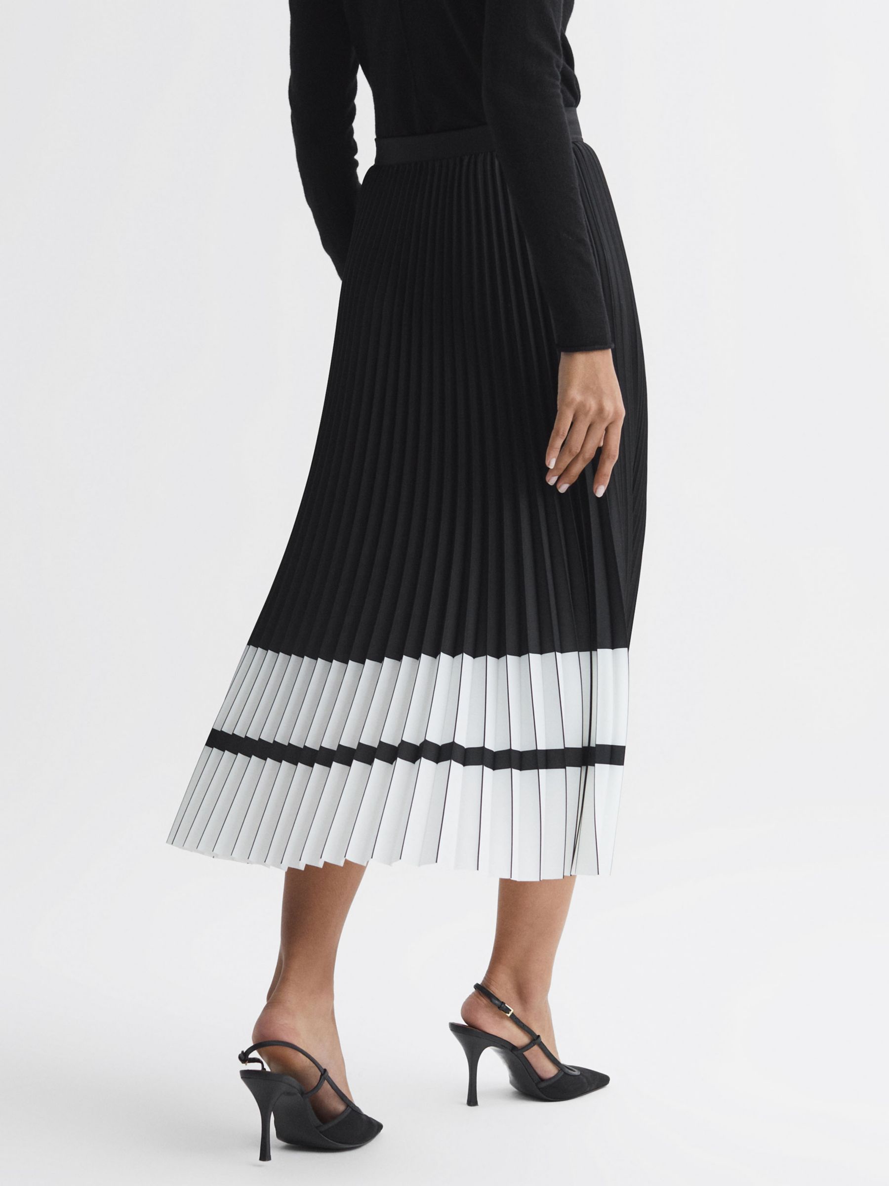 Reiss Marie Pleated Colour Block Midi Skirt, Black/White, 14