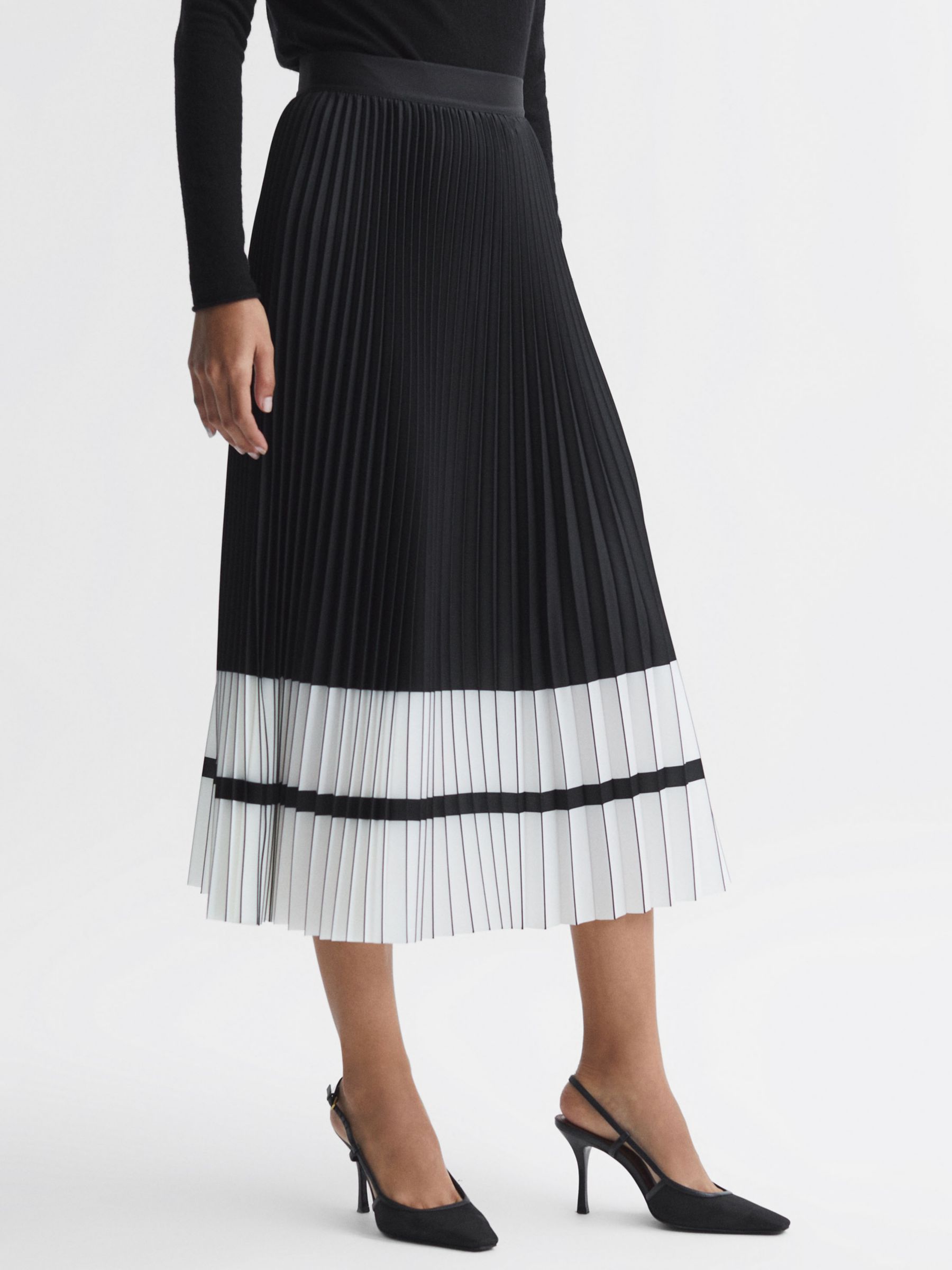 Reiss Marie Pleated Colour Block Midi Skirt, Black/White, 14