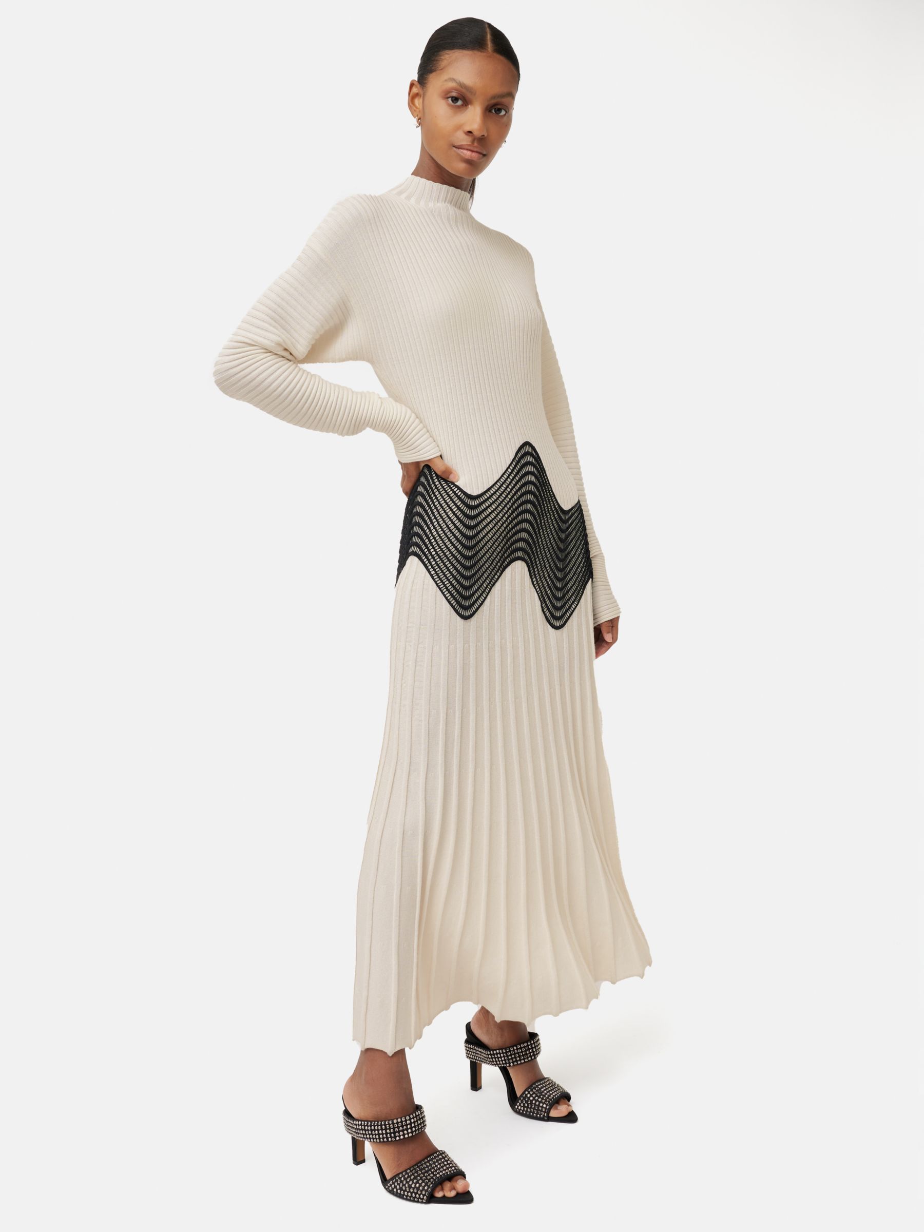 Jigsaw Lace Trim Waist Knitted Dress, Cream/Black, S