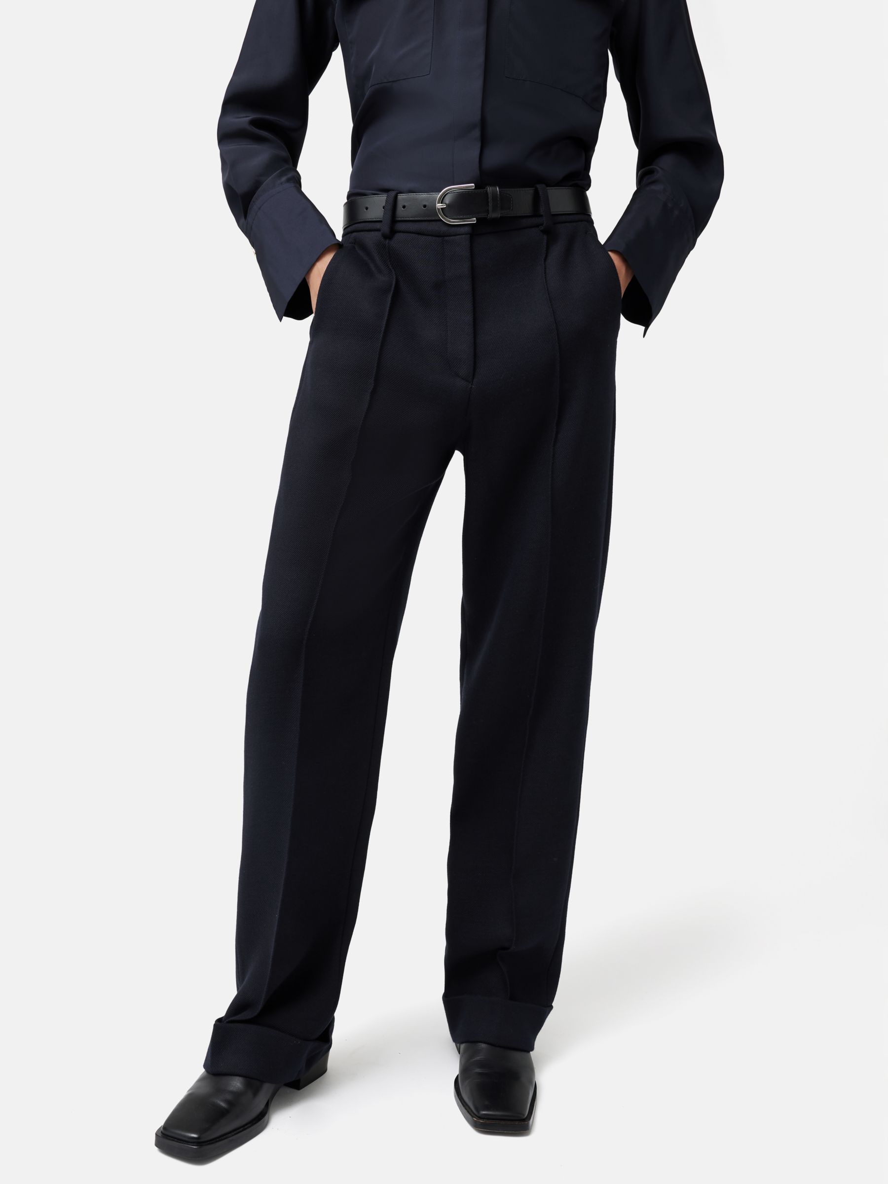 Jigsaw Harley Cotton Wool Twill Turn Up Trousers, Navy at John Lewis ...