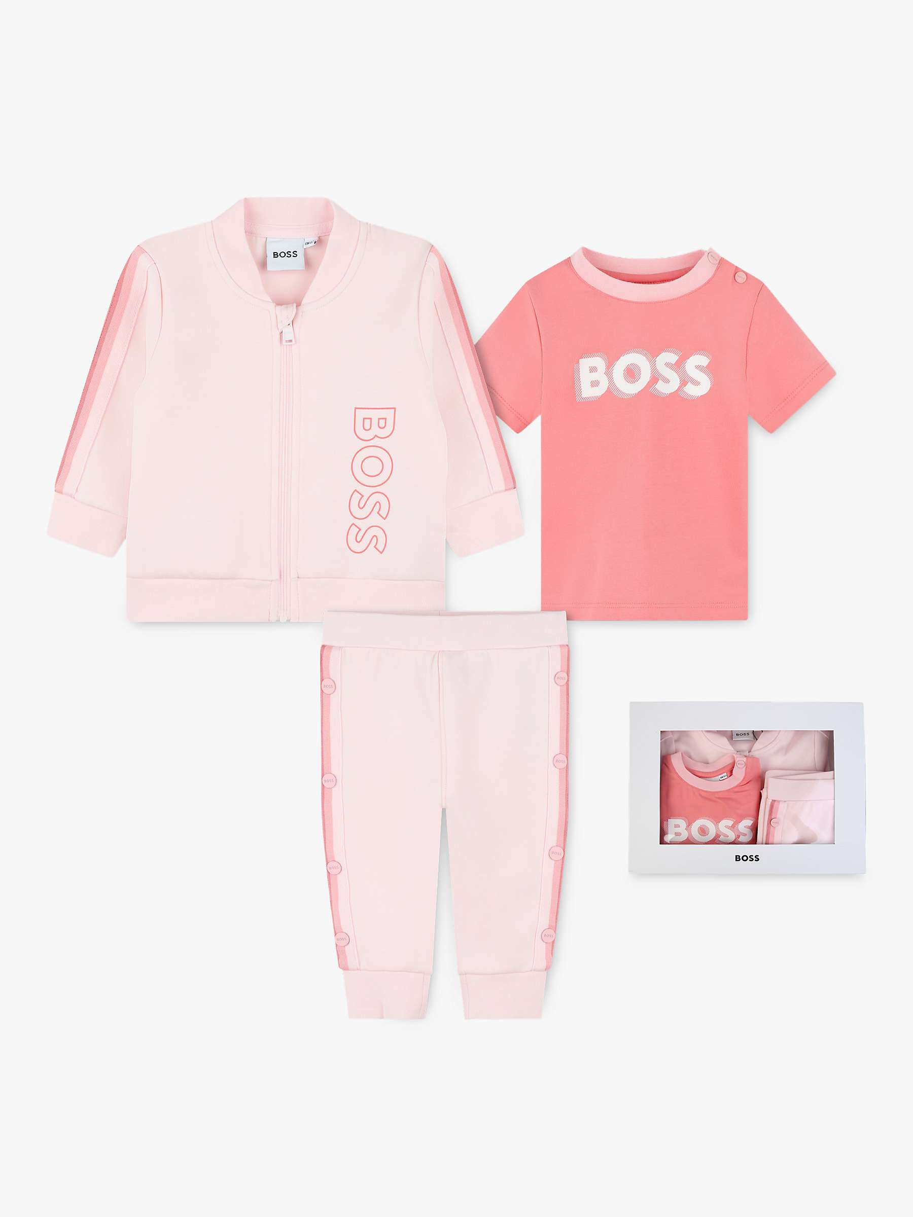 Buy BOSS Baby Logo T-Shirt, Trousers & Zip Through Cardigan Set, Rose Online at johnlewis.com
