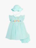 JoJo Maman Bébé Baby Gingham Duck Embroidered Dress & Bloomer & Hat Set, Duck Egg, Duck Egg