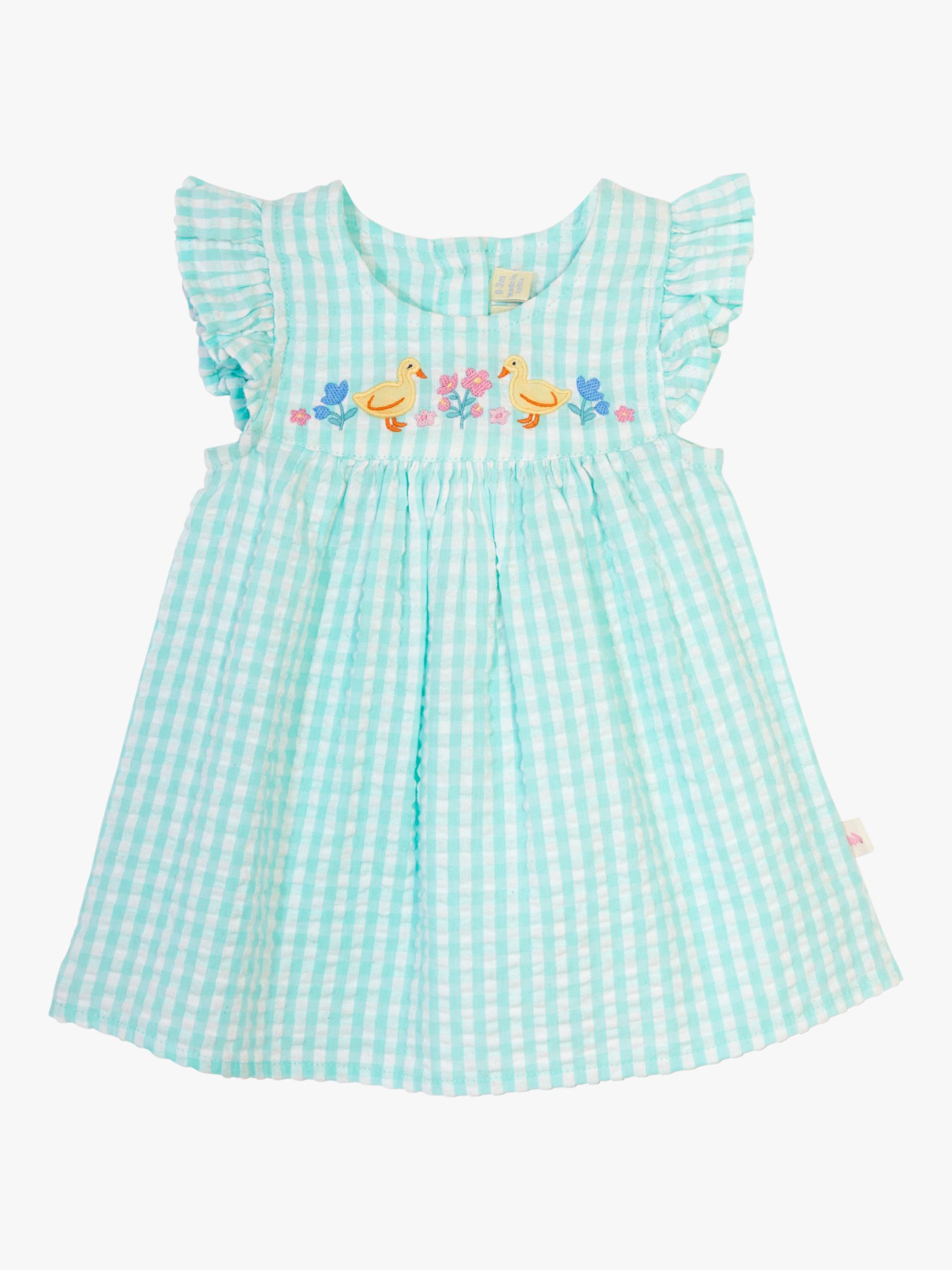 JoJo Maman Bébé Baby Gingham Duck Embroidered Dress & Bloomer & Hat Set, Duck Egg, 3-6 months