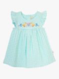 JoJo Maman Bébé Baby Gingham Duck Embroidered Dress & Bloomer & Hat Set, Duck Egg, Duck Egg