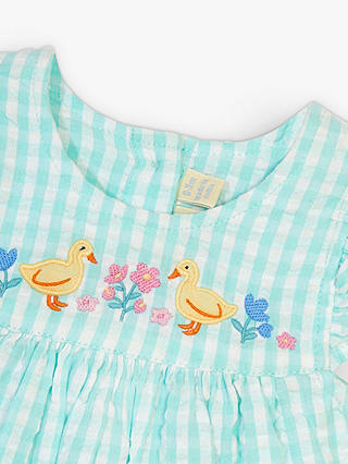 JoJo Maman Bébé Baby Gingham Duck Embroidered Dress & Bloomer & Hat Set, Duck Egg