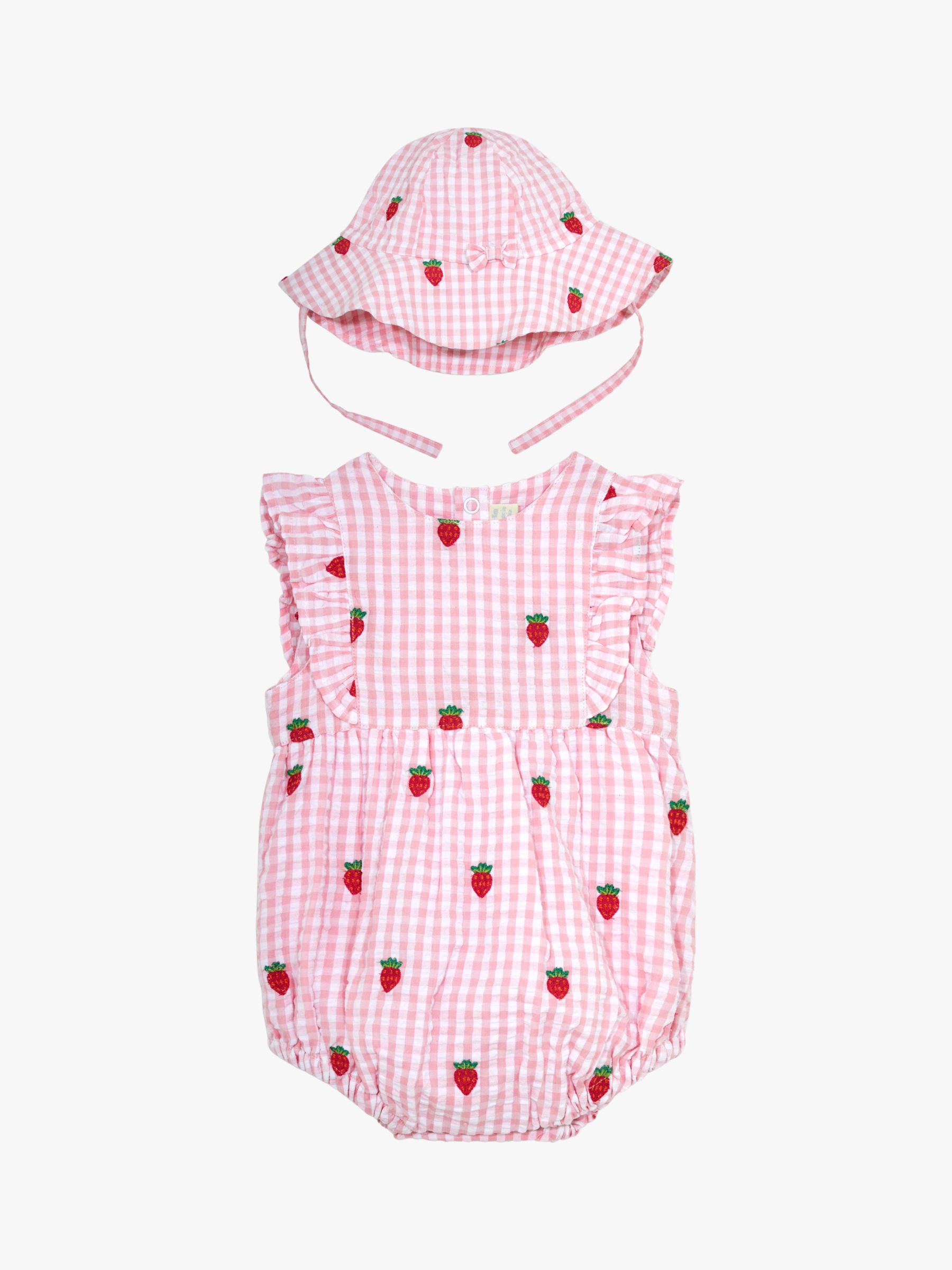 Buy JoJo Maman Bébé Baby Bubble Strawberry Embroidered Gingham Romper & Hat Set, Pink/Multi Online at johnlewis.com