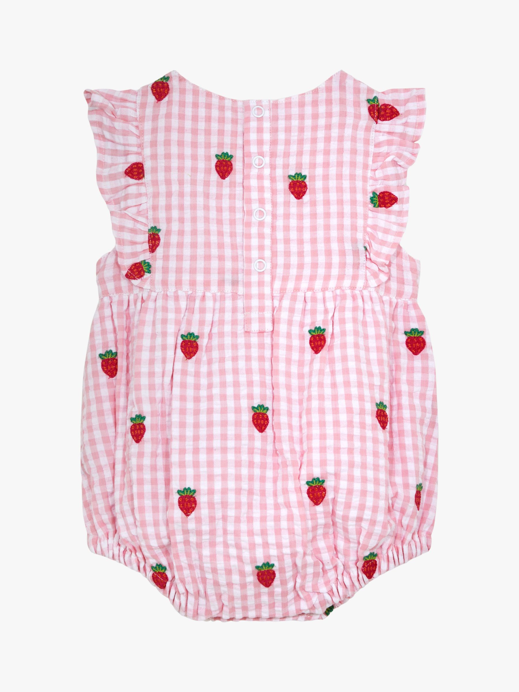 JoJo Maman Bébé Baby Bubble Strawberry Embroidered Gingham Romper & Hat Set, Pink/Multi, 3-6 months