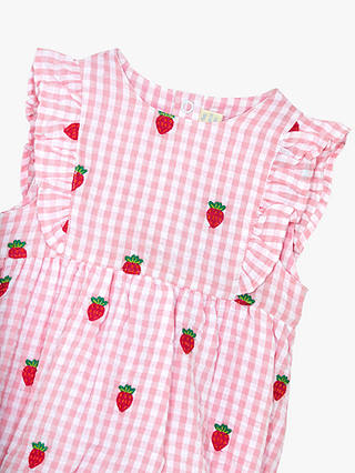 JoJo Maman Bébé Baby Bubble Strawberry Embroidered Gingham Romper & Hat Set, Pink/Multi