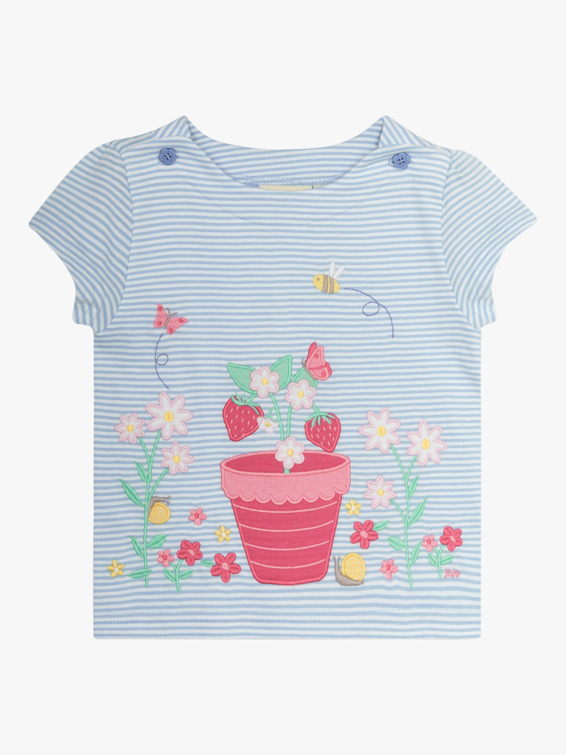 JoJo Maman Bébé Baby Strawberry Garden Scene Applique Stripe T-Shirt, Blue/Multi, 6-7 years