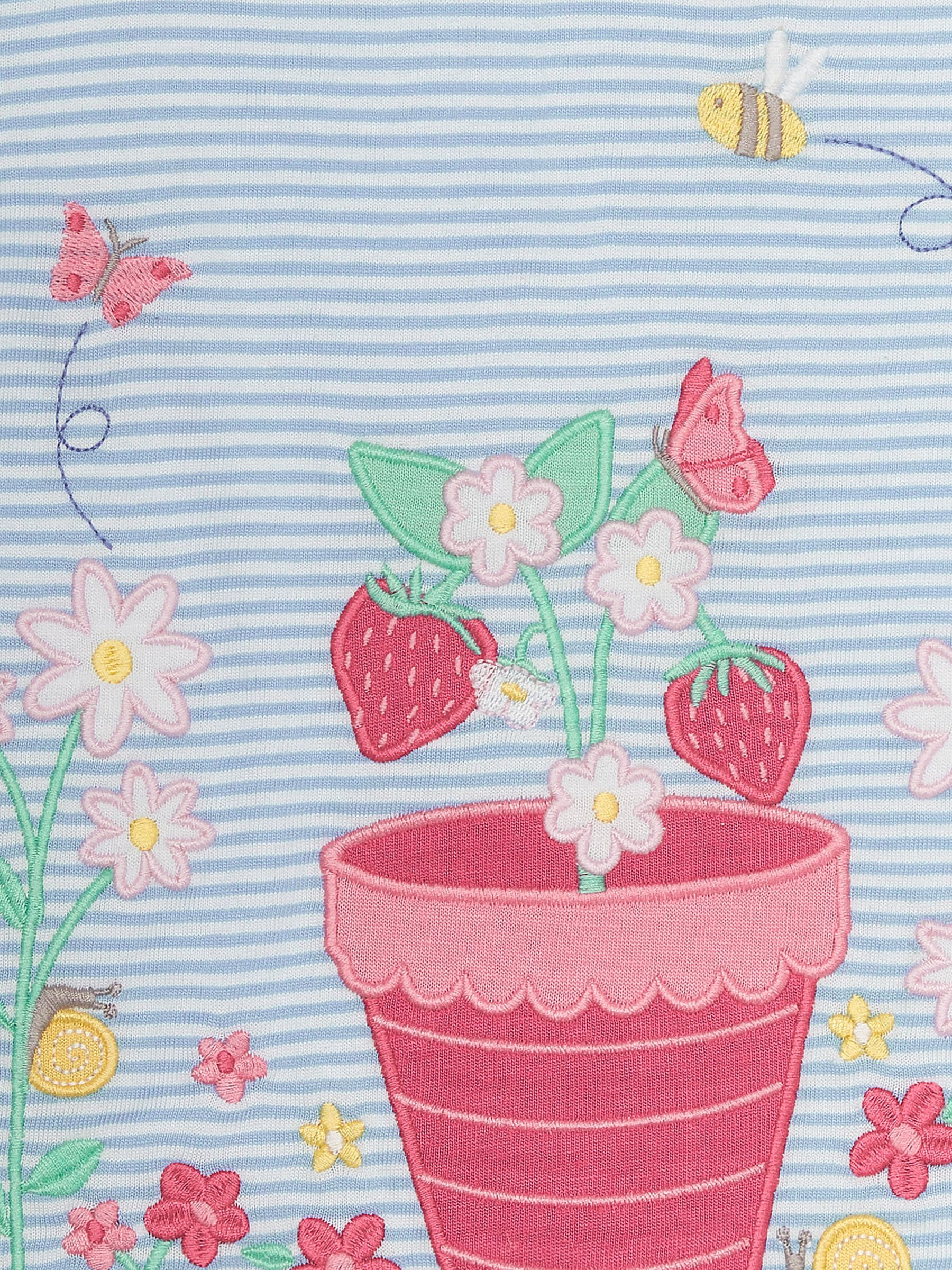 JoJo Maman Bébé Baby Strawberry Garden Scene Applique Stripe T-Shirt, Blue/Multi, 6-7 years