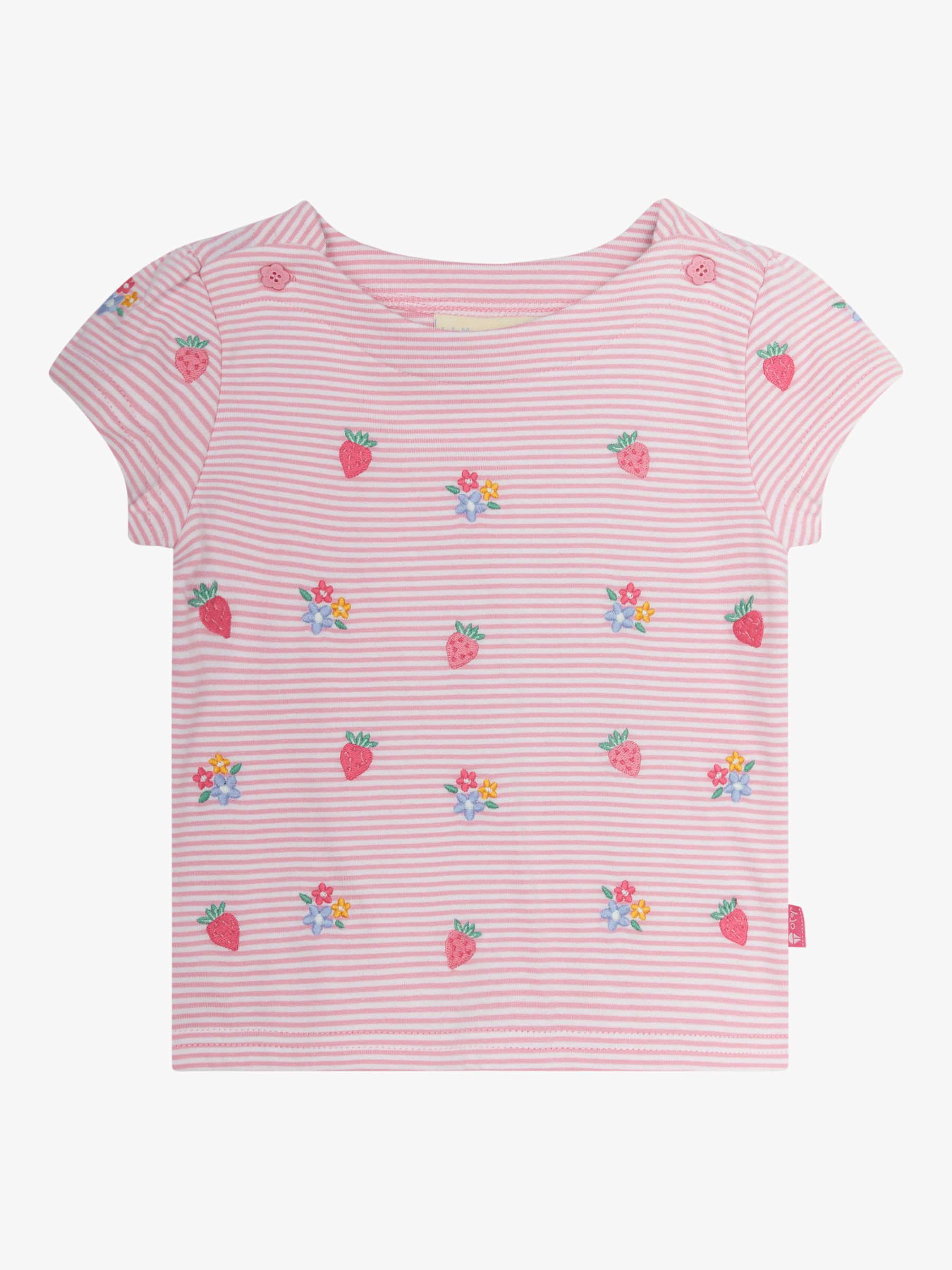 JoJo Maman Bébé Baby Strawberry Floral Embroidered Stripe T-Shirt, Pink/Multi, 2-3 years