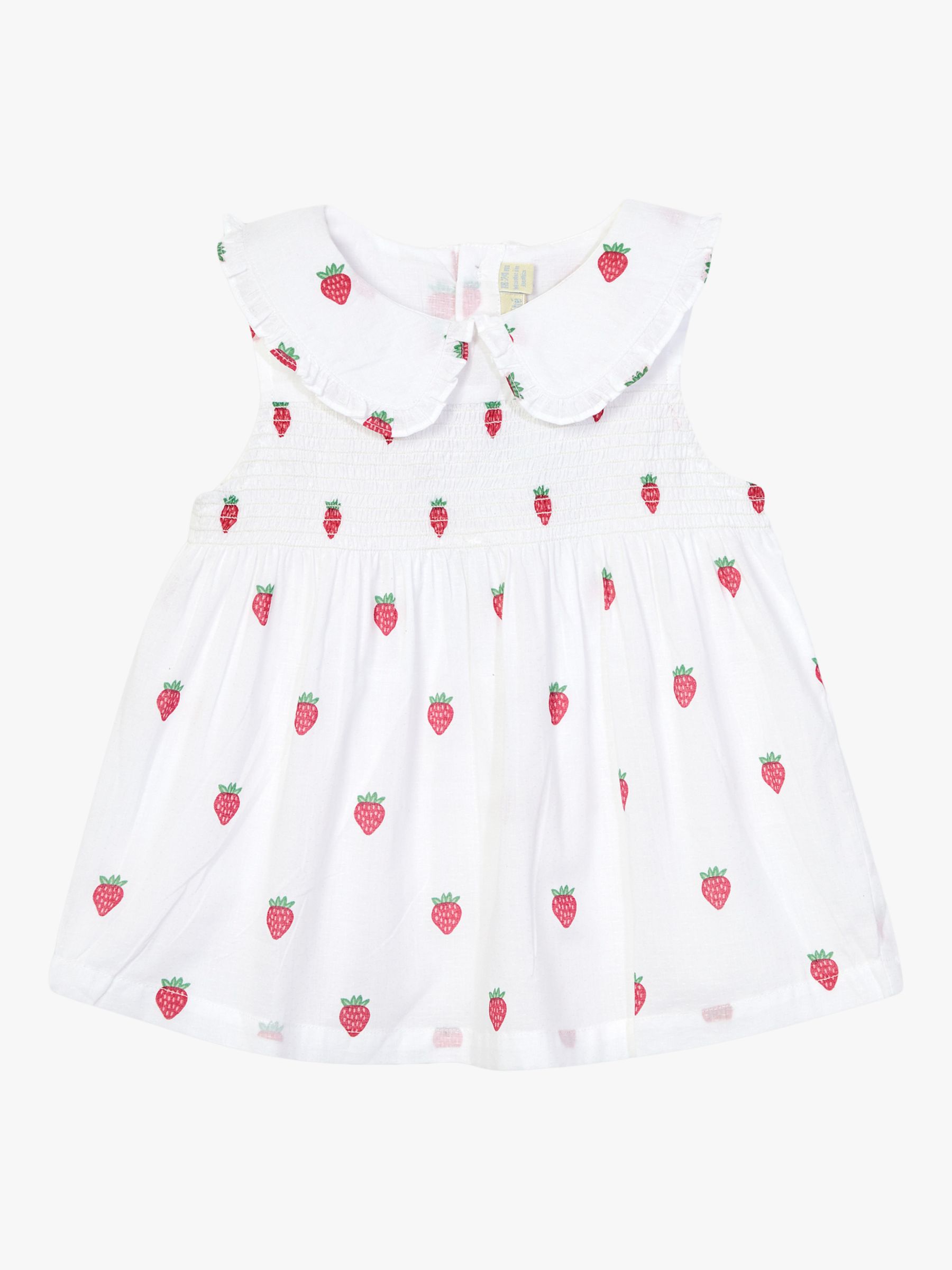 JoJo Maman Bébé Baby Strawberry Smock Frill Peter Pan Collar Top, White/Multi, 3-4 years