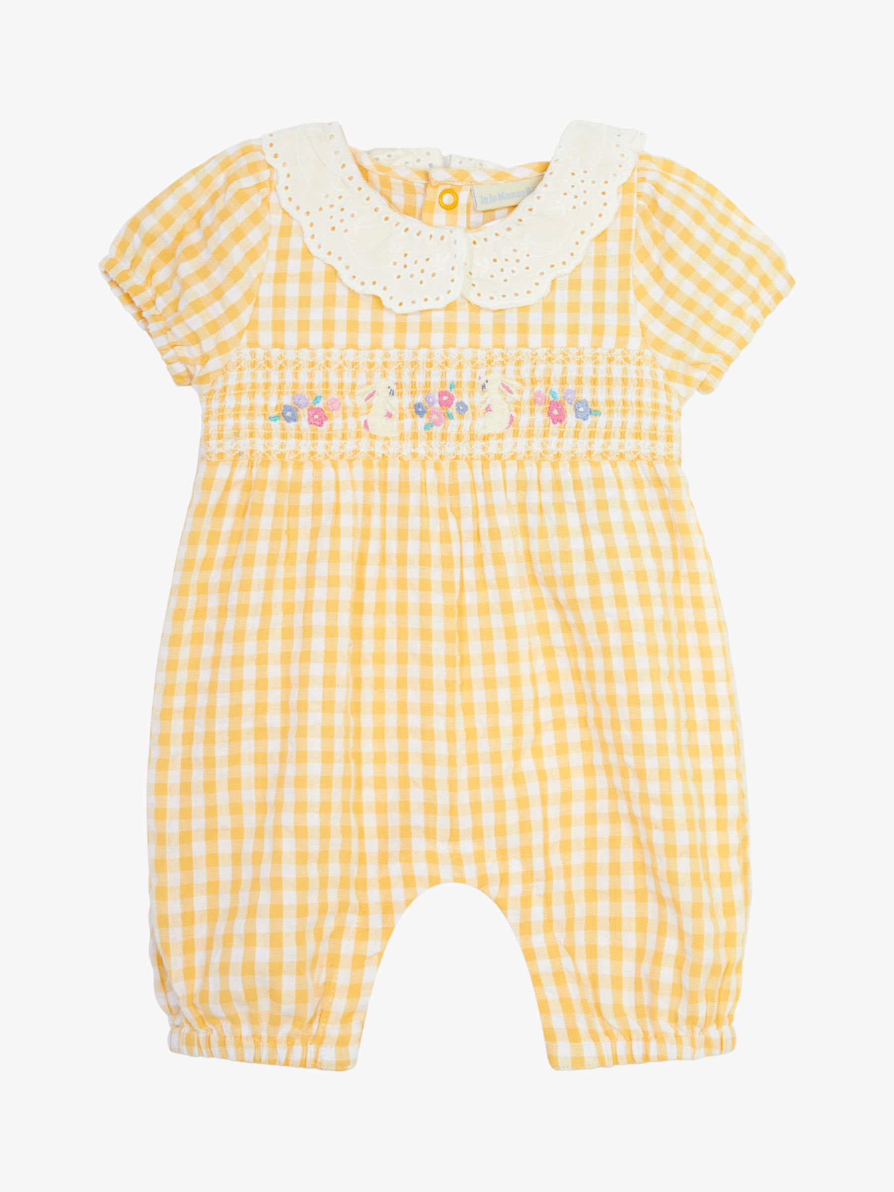 JoJo Maman Bébé Baby Gingham Bunny Frill Collar Pretty Romper, Yellow, 3-6 months