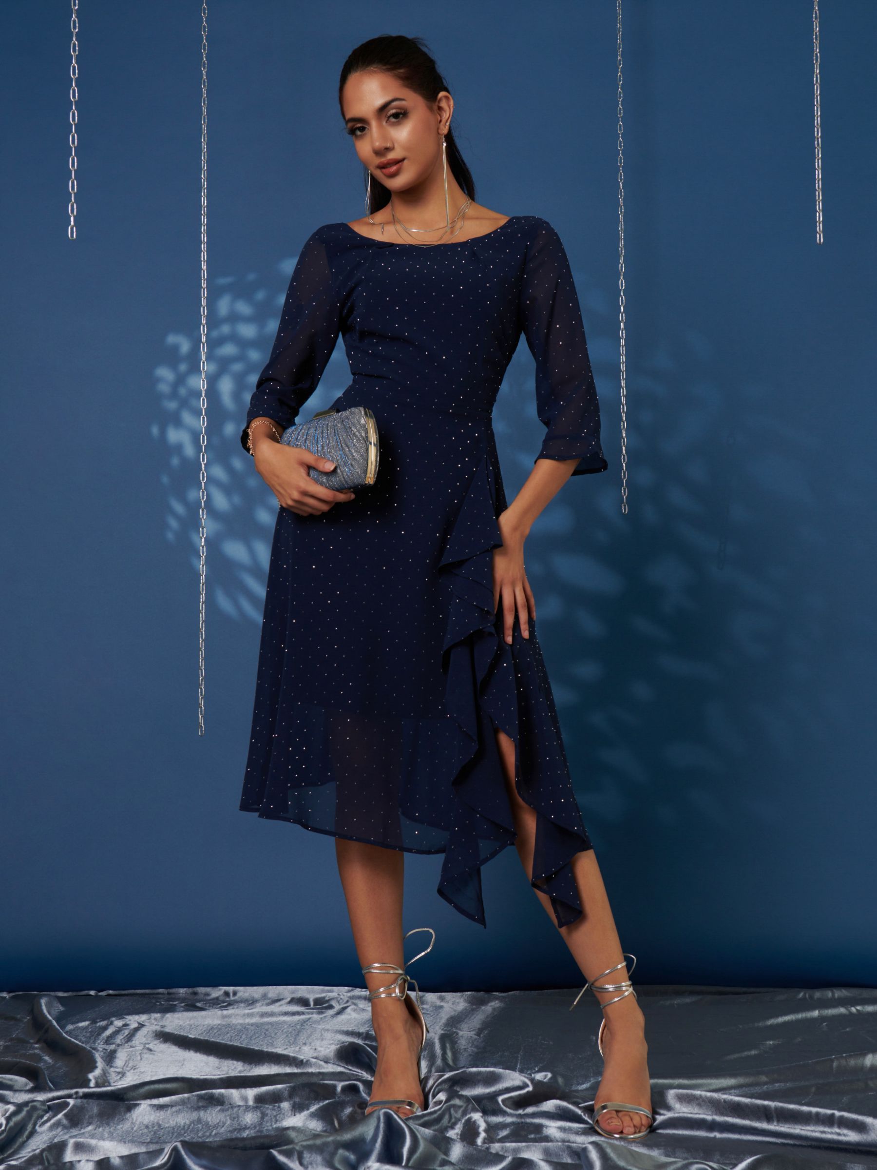 Jolie Moi Diamante Chiffon Midi Dress, Navy at John Lewis & Partners