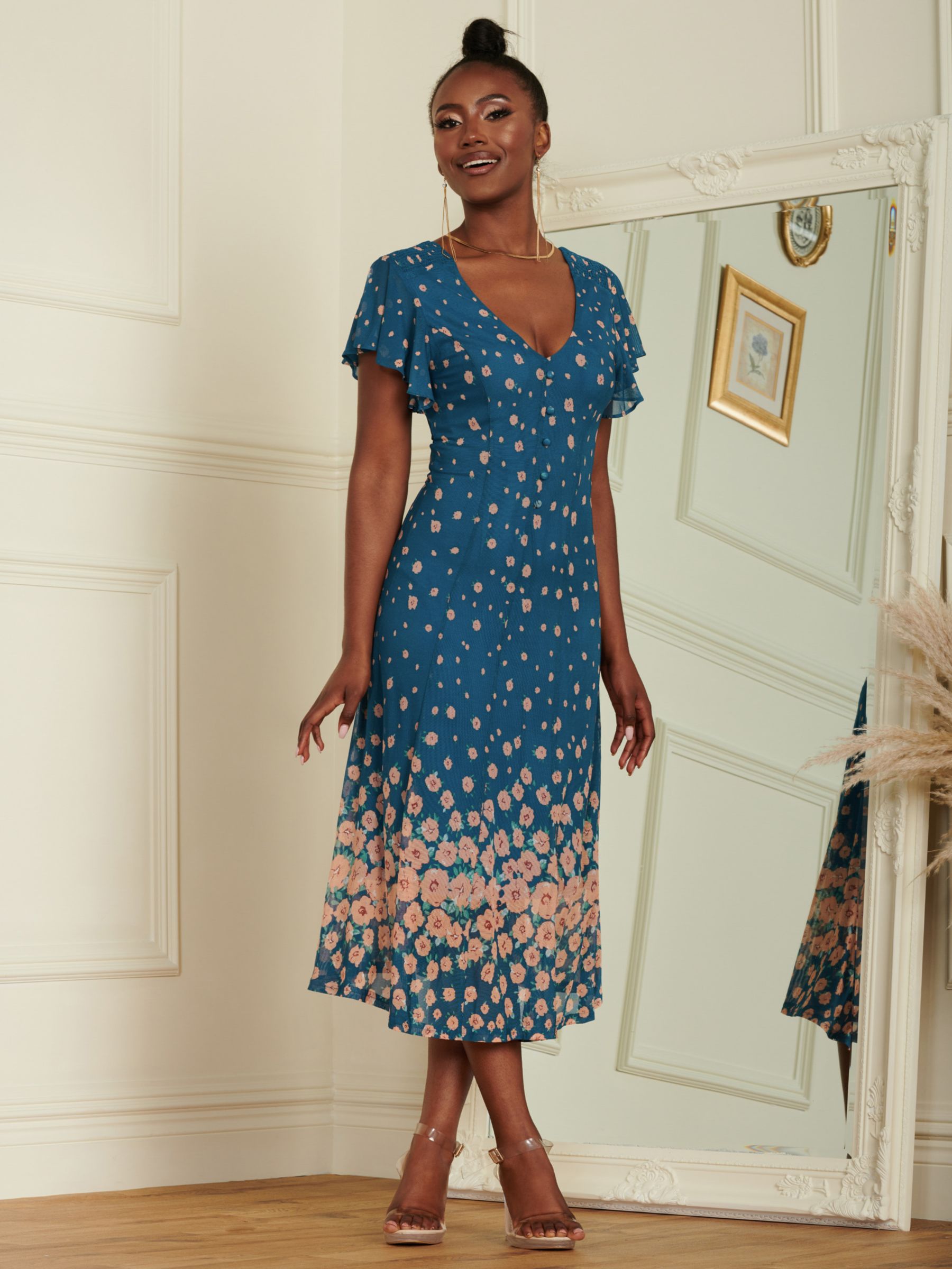 Jolie Moi Mesh Floral Print Midi Dress, Teal at John Lewis & Partners