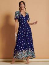 Jolie Moi Floral Ruched Mesh Midi Dress, Navy at John Lewis & Partners