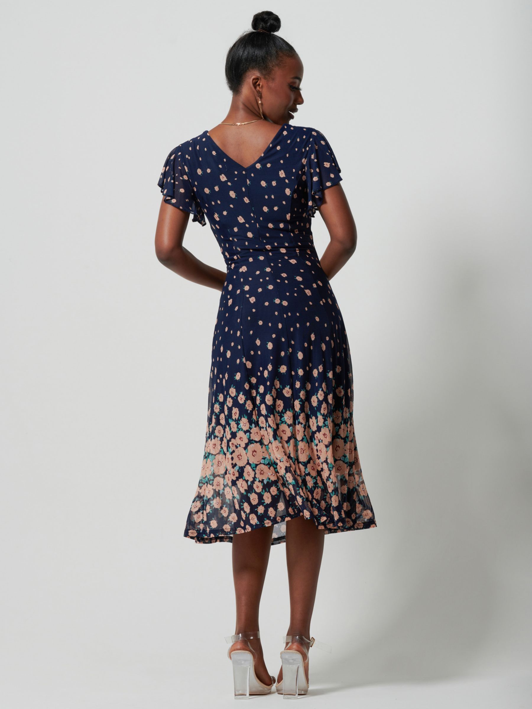 Jolie Moi Mesh Floral Print Midi Dress, Navy at John Lewis & Partners