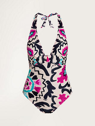Monsoon Avelle Print Halterneck Swimsuit, Multi