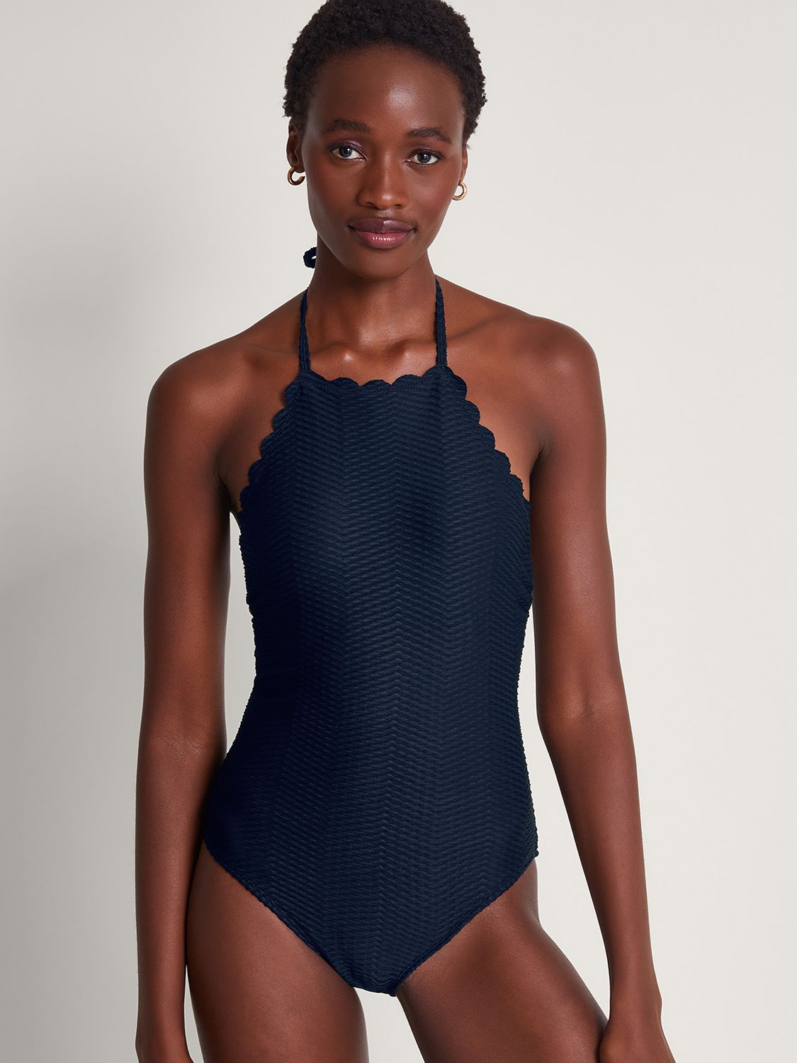 Monsoon Una Halterneck Textured Swimsuit, Black, 8