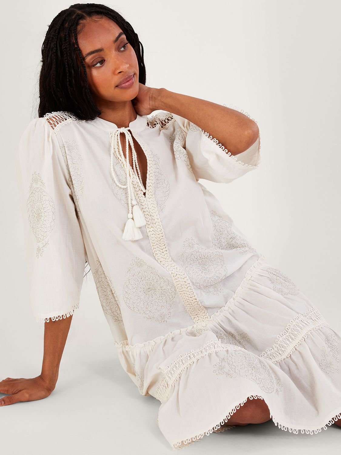 Buy Monsoon Penny Embroided Kaftan Tiered Dress, Ivory Online at johnlewis.com