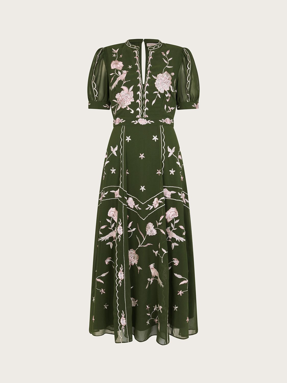 Monsoon Grace Embroided Midi Dress, Green, 8