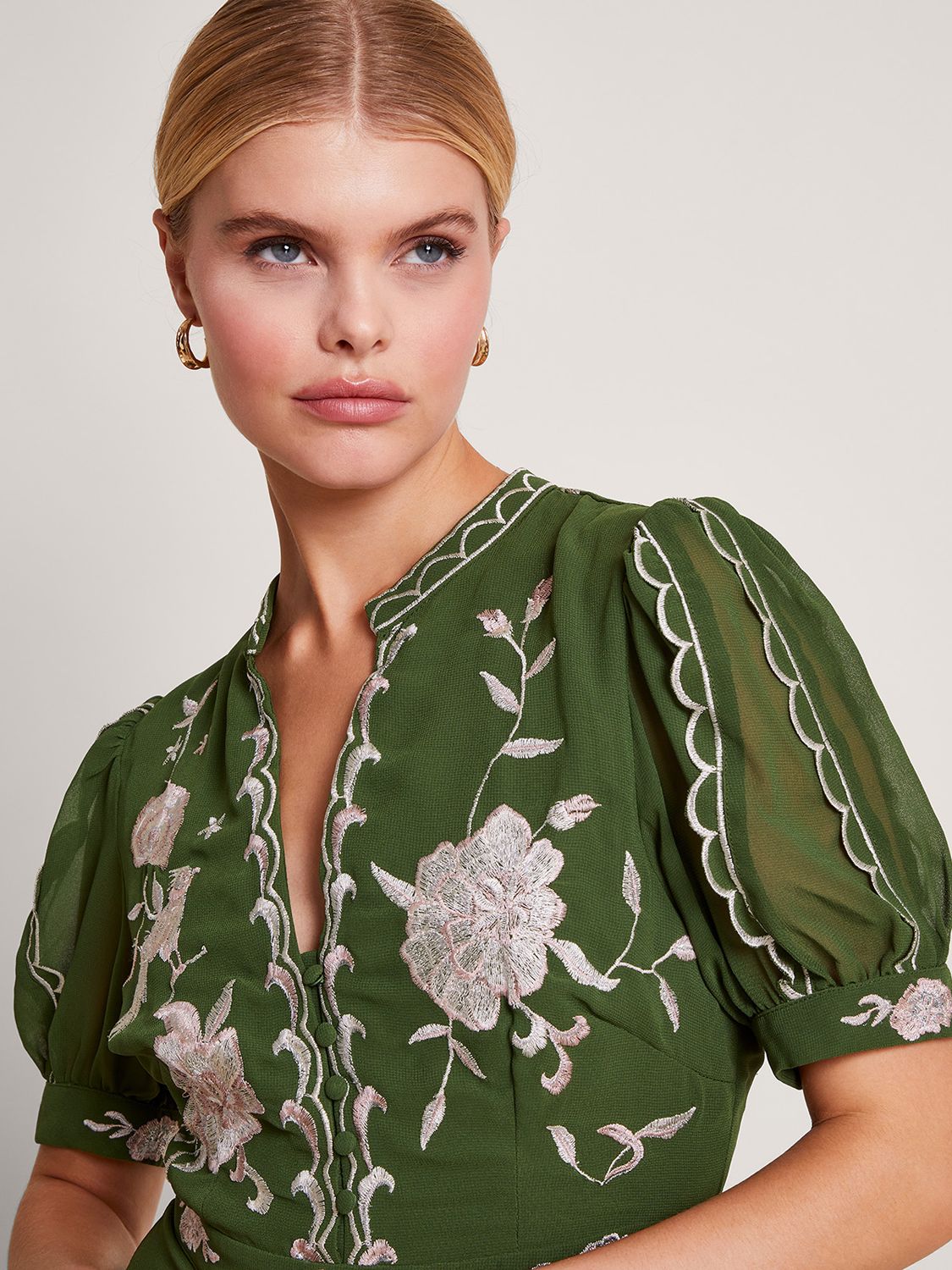 Monsoon Grace Embroided Midi Dress, Green at John Lewis & Partners