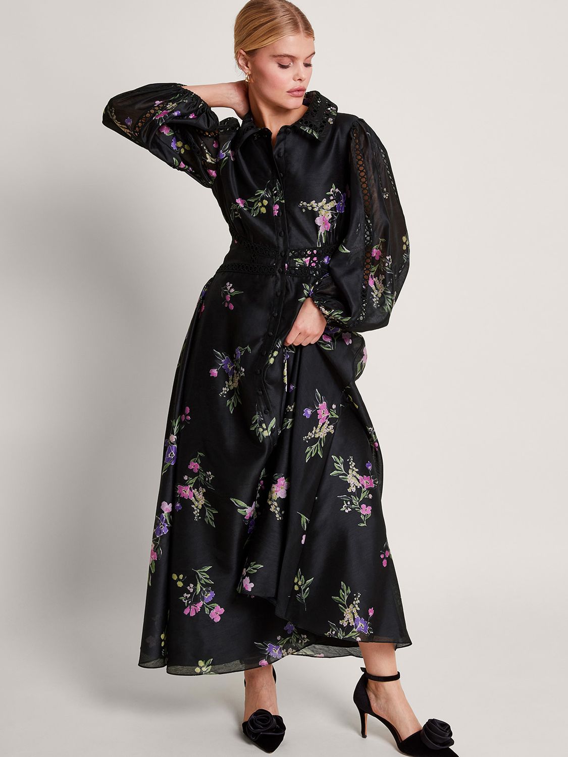 Monsoon Lizza Floral Shirt Maxi Dress, Black