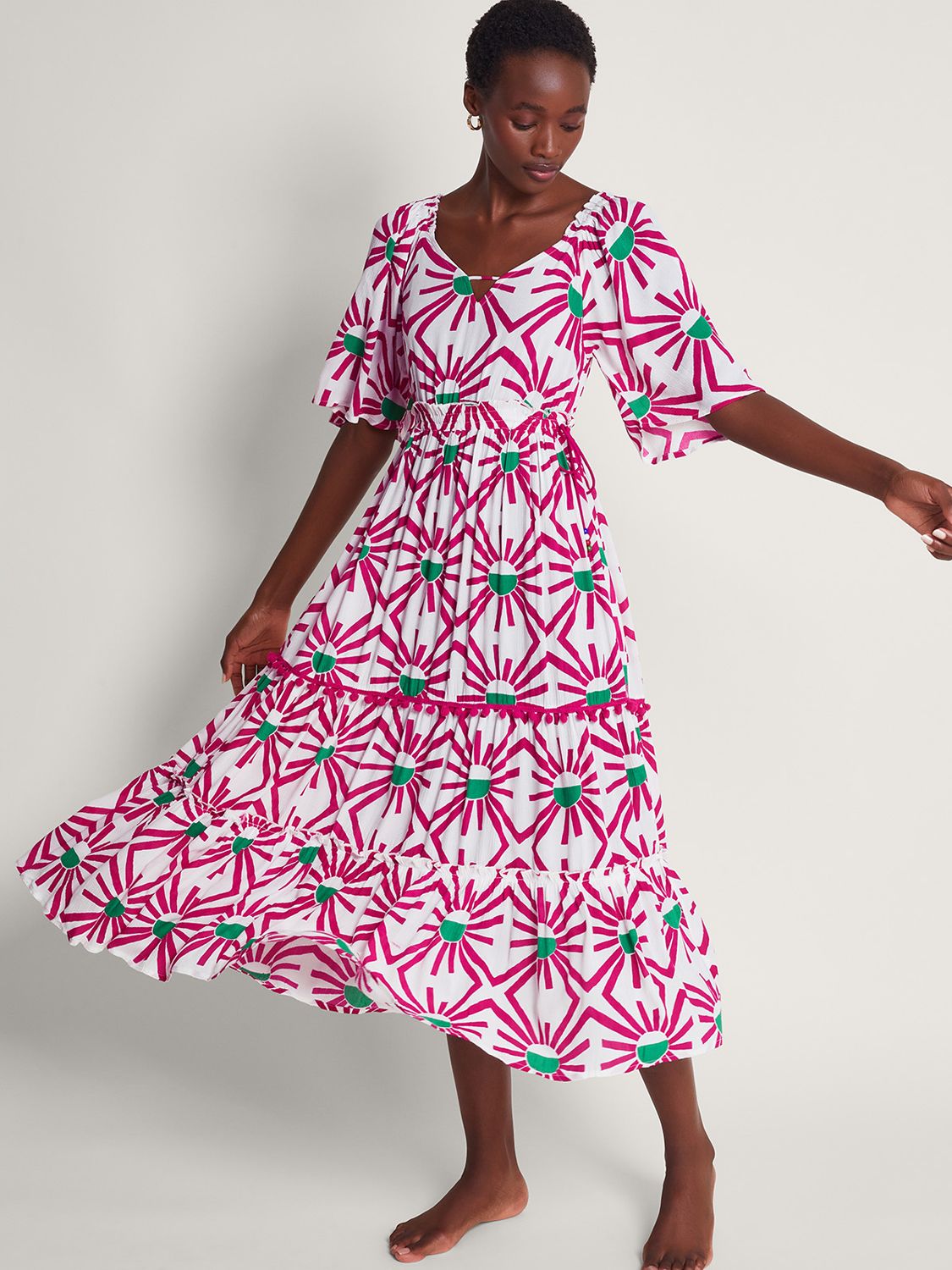 Monsoon Zamora Geometric Sun Print Tiered Midi Dress, Pink/Multi, S