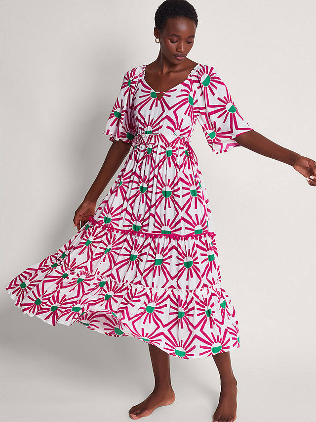 Monsoon Zamora Geometric Sun Print Tiered Midi Dress, Pink/Multi