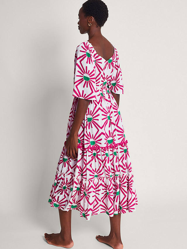 Monsoon Zamora Geometric Sun Print Tiered Midi Dress, Pink/Multi