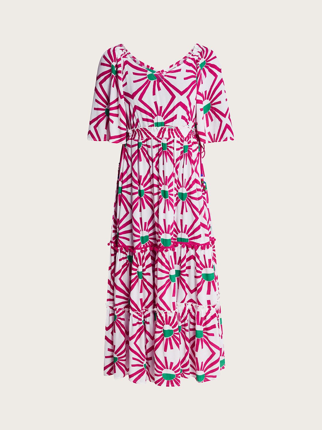 Monsoon Zamora Geometric Sun Print Tiered Midi Dress, Pink/Multi, S
