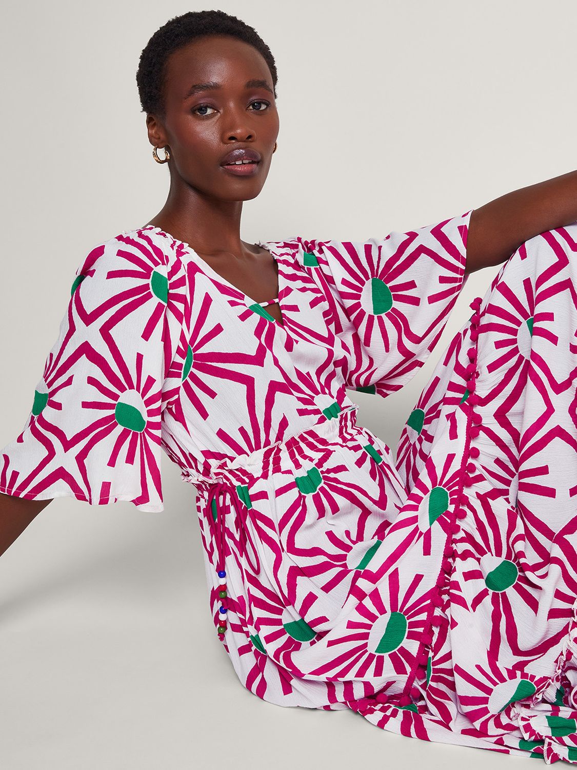 Buy Monsoon Zamora Geometric Sun Print Tiered Midi Dress, Pink/Multi Online at johnlewis.com
